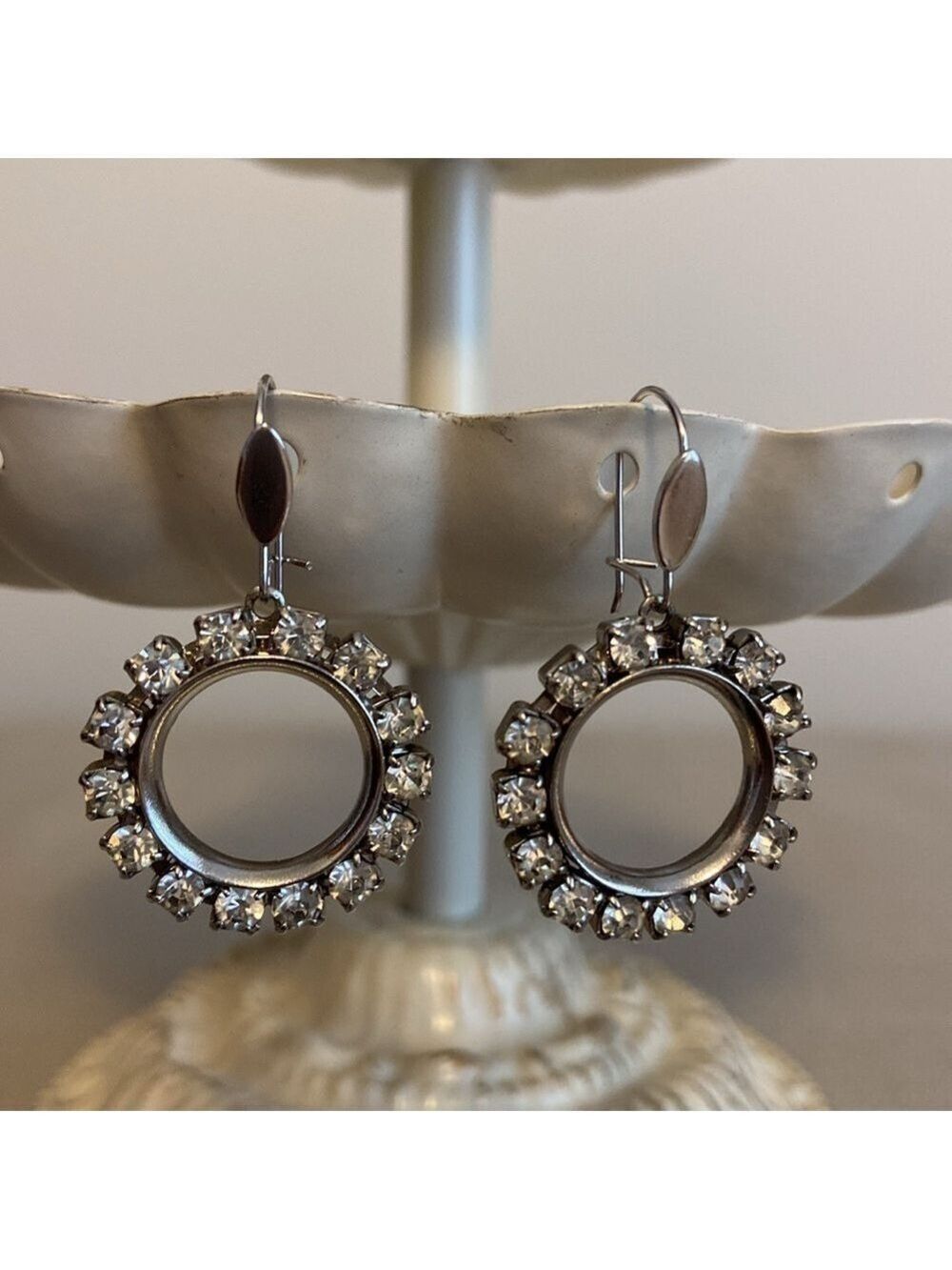 Rhinestone Hoop Earrings Dangly Silver Tone French Wire